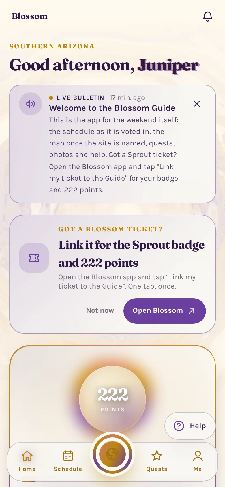 The Blossom Guide home screen: points, level, the next sets