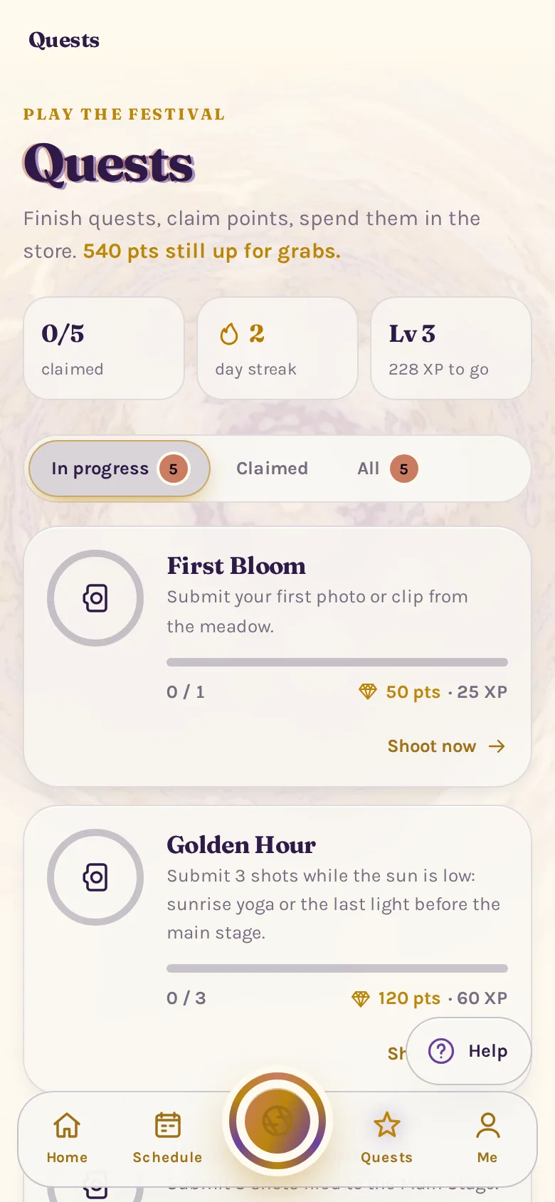 The Blossom Guide quests: First Bloom, Golden Hour, Sound of the Desert