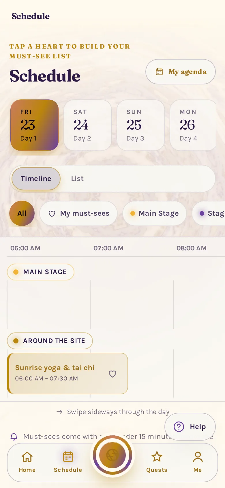 The Blossom Guide schedule: sunrise yoga to the fire, three stages